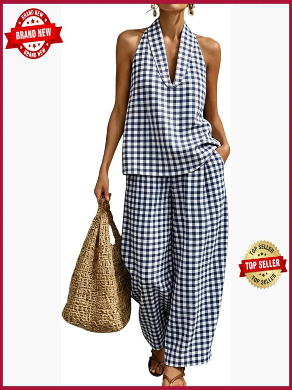 2 Piece Tank Top Wide Leg Pants Set Lounge Set Matching Sets with Pockets Plaid